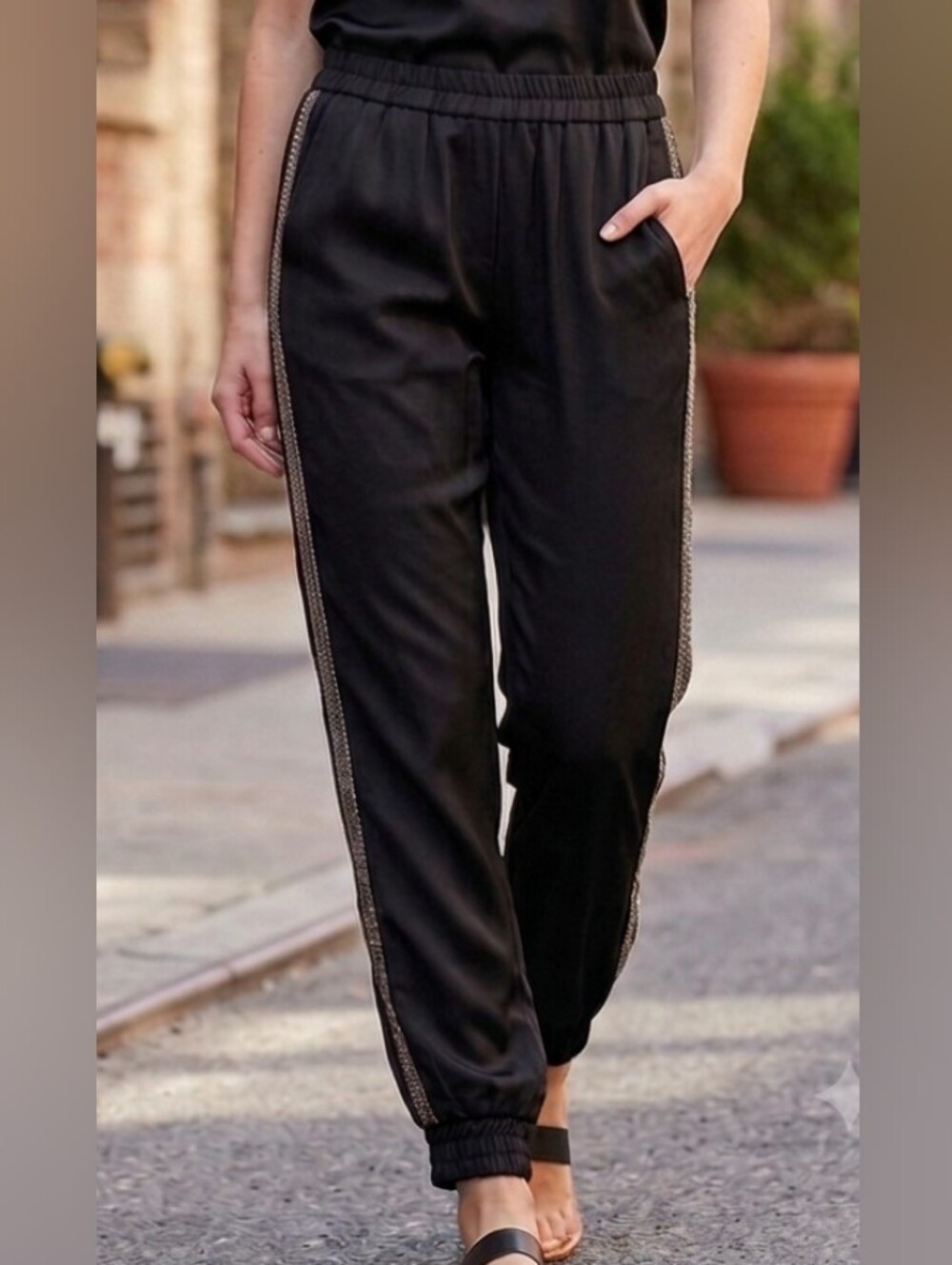 ZARA Women’s S Black Jogger Pants Rhinestone Side Stripe Pull-On Elastic Waist